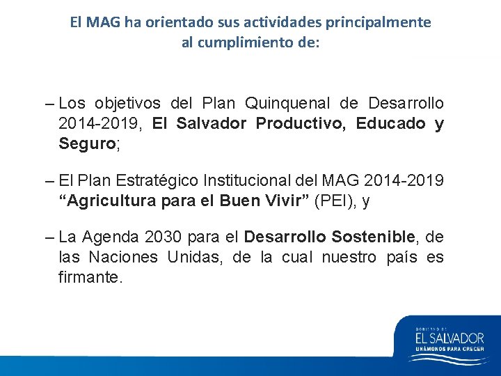 El MAG ha orientado sus actividades principalmente al cumplimiento de: – Los objetivos del