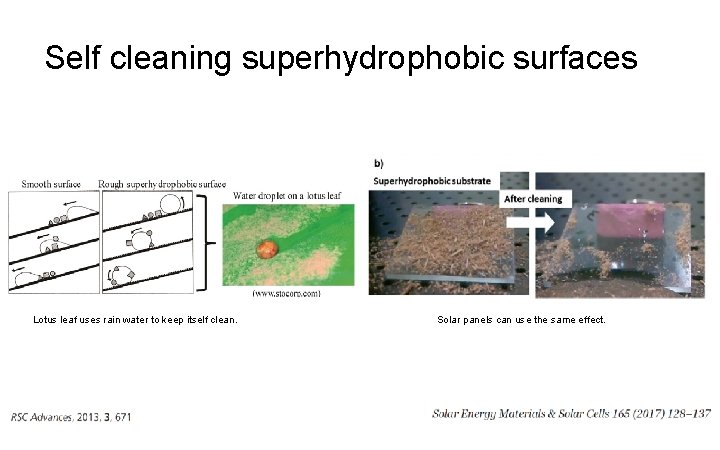 Self cleaning superhydrophobic surfaces Lotus leaf uses rain water to keep itself clean. Solar
