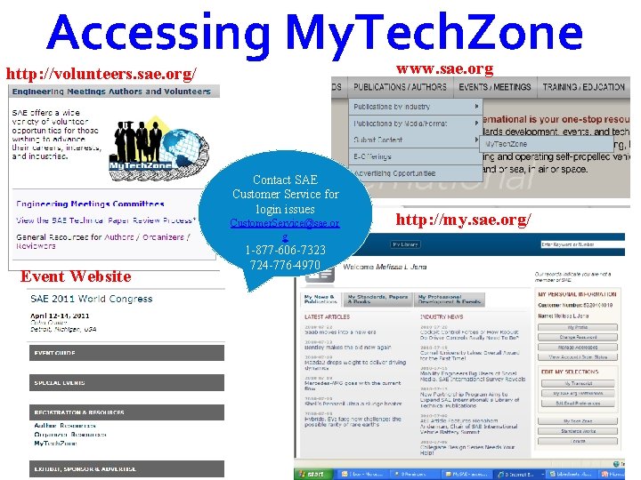 Accessing My. Tech. Zone www. sae. org http: //volunteers. sae. org/ Contact SAE Customer