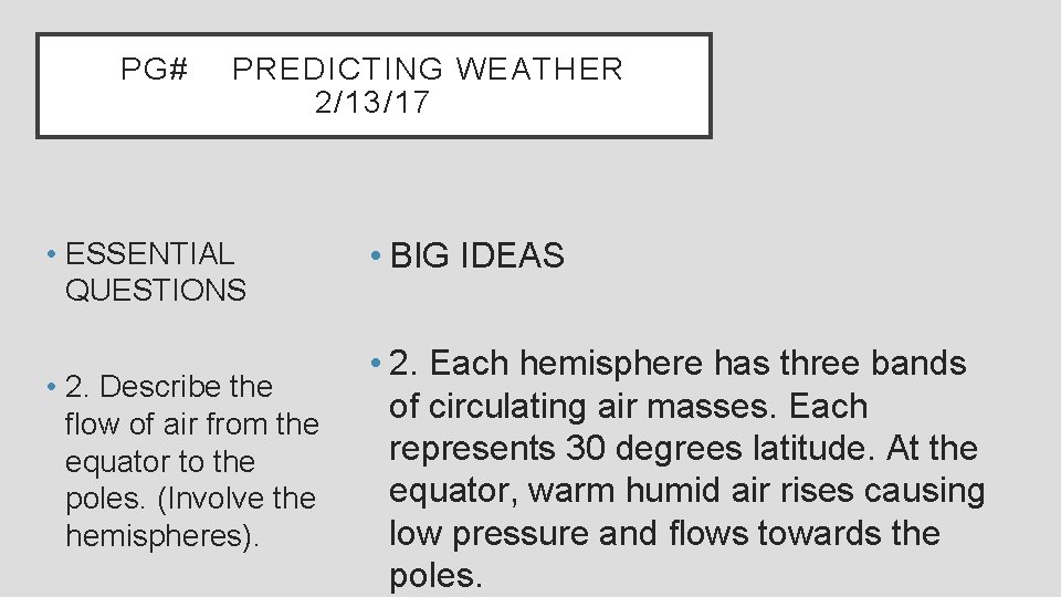 PG# PREDICTING WEATHER 2/13/17 • ESSENTIAL QUESTIONS • BIG IDEAS • 2. Describe the