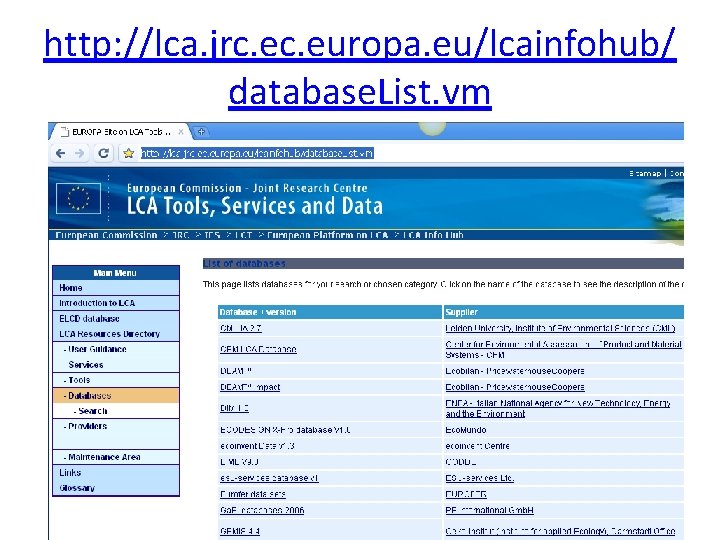 http: //lca. jrc. europa. eu/lcainfohub/ database. List. vm 