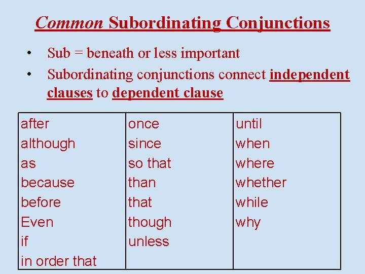 Common Subordinating Conjunctions • Sub = beneath or less important • Subordinating conjunctions connect