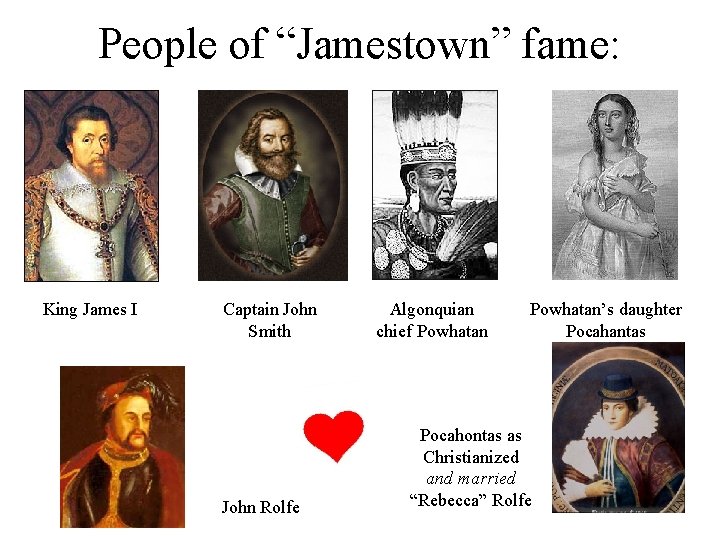 People of “Jamestown” fame: King James I Captain John Smith John Rolfe Algonquian chief