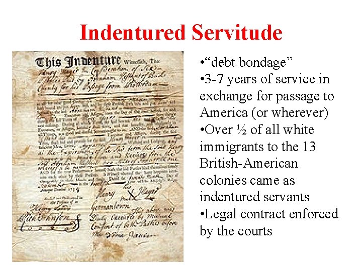 Indentured Servitude • “debt bondage” • 3 -7 years of service in exchange for