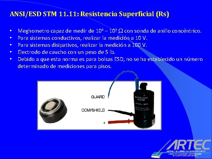 ANSI/ESD STM 11. 11: Resistencia Superficial (Rs) • • • Meghometro capaz de medir ANSI/ESD STM 11. 11: Resistencia Superficial (Rs) • • • Meghometro capaz de medir