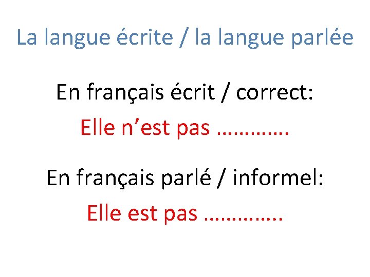 La langue écrite / la langue parlée En français écrit / correct: Elle n’est