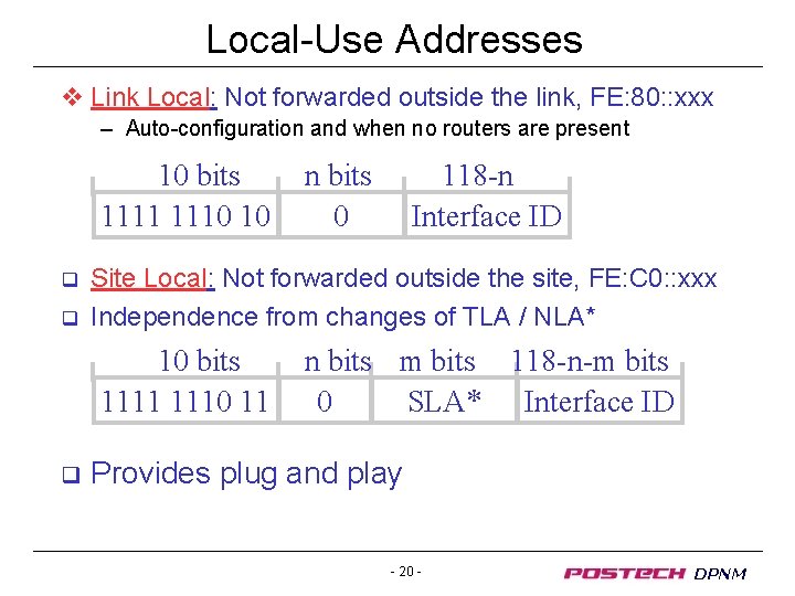 Local-Use Addresses v Link Local: Not forwarded outside the link, FE: 80: : xxx