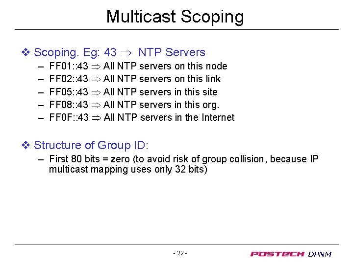 Multicast Scoping v Scoping. Eg: 43 NTP Servers – – – FF 01: :