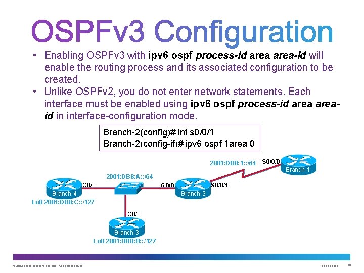  • Enabling OSPFv 3 with ipv 6 ospf process-id area-id will enable the