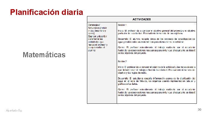 Planificación diaria Matemáticas Apartado 5 g 30 