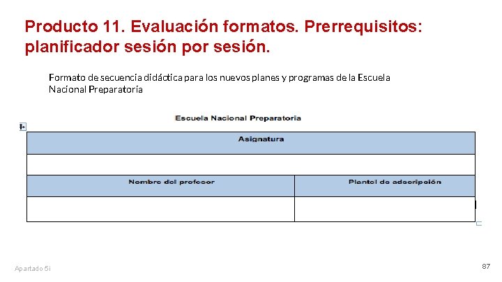 Producto 11. Evaluación formatos. Prerrequisitos: planificador sesión por sesión. Formato de secuencia didáctica para