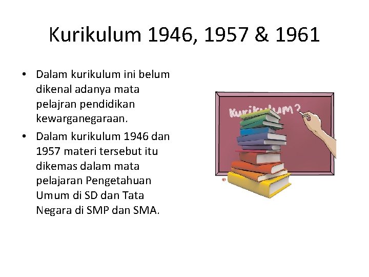 Kurikulum 1946, 1957 & 1961 • Dalam kurikulum ini belum dikenal adanya mata pelajran