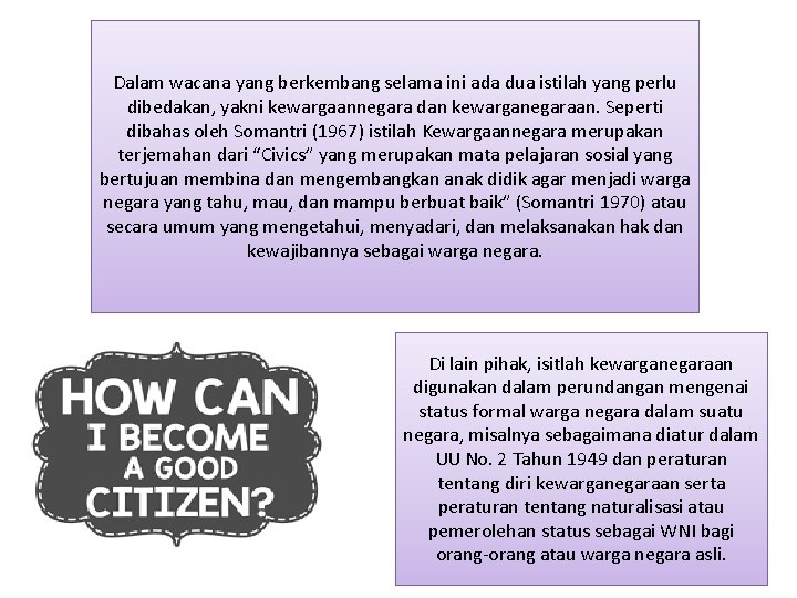 Dalam wacana yang berkembang selama ini ada dua istilah yang perlu dibedakan, yakni kewargaannegara