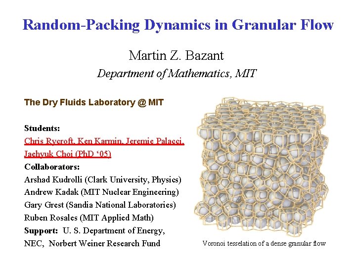 Random-Packing Dynamics in Granular Flow Martin Z. Bazant Department of Mathematics, MIT The Dry