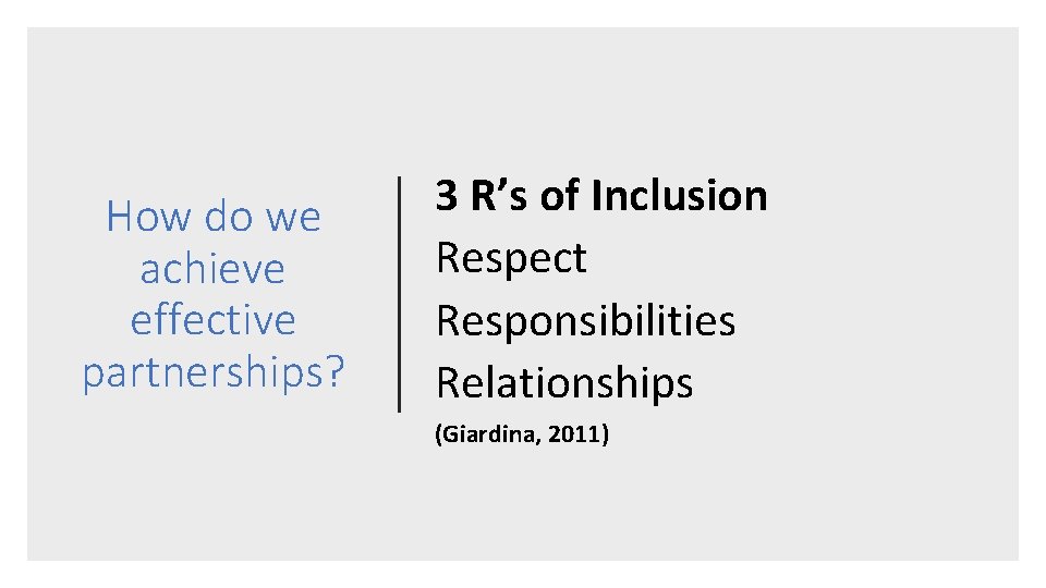 How do we achieve effective partnerships? 3 R’s of Inclusion Respect Responsibilities Relationships (Giardina,
