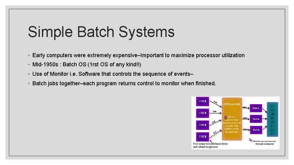Simple Batch Systems ◦ Early computers were extremely expensive–Important to maximize processor utilization ◦