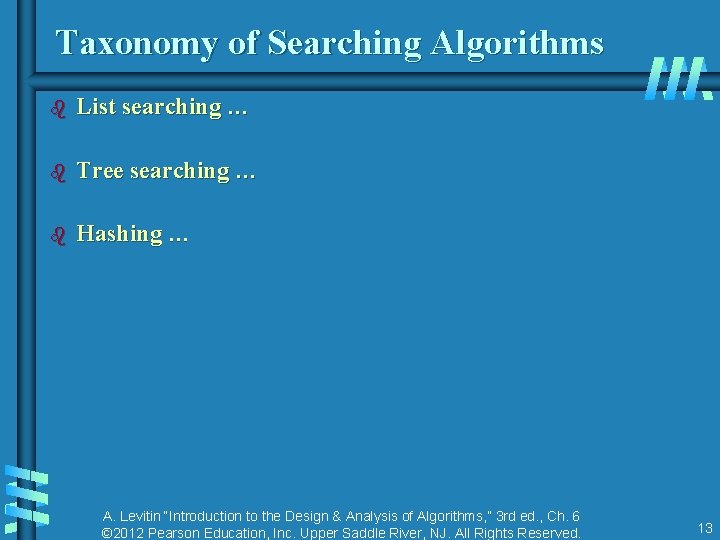 Taxonomy of Searching Algorithms b List searching … b Tree searching … b Hashing Taxonomy of Searching Algorithms b List searching … b Tree searching … b Hashing