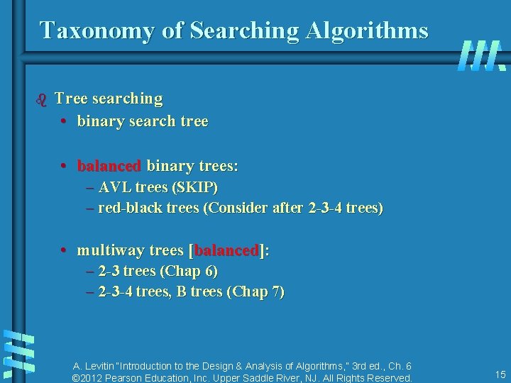 Taxonomy of Searching Algorithms b Tree searching • binary search tree • balanced binary Taxonomy of Searching Algorithms b Tree searching • binary search tree • balanced binary