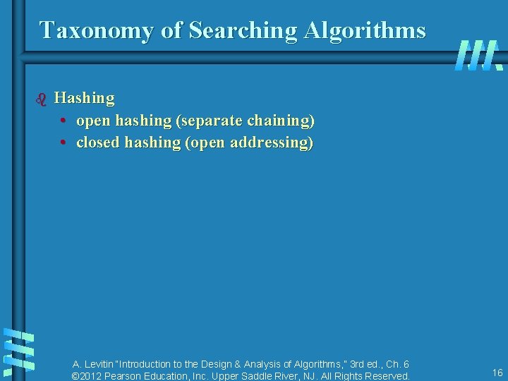 Taxonomy of Searching Algorithms b Hashing • open hashing (separate chaining) • closed hashing Taxonomy of Searching Algorithms b Hashing • open hashing (separate chaining) • closed hashing