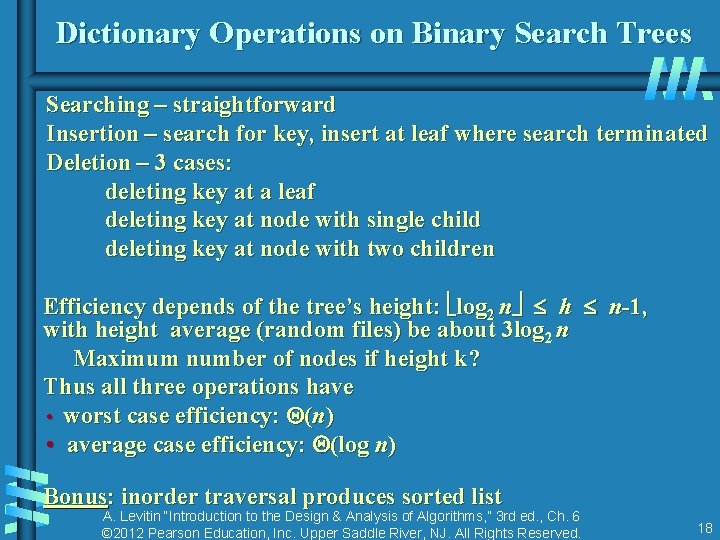 Dictionary Operations on Binary Search Trees Searching – straightforward Insertion – search for key, Dictionary Operations on Binary Search Trees Searching – straightforward Insertion – search for key,