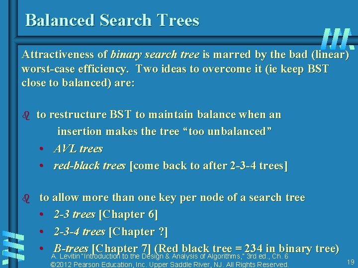 Balanced Search Trees Attractiveness of binary search tree is marred by the bad (linear) Balanced Search Trees Attractiveness of binary search tree is marred by the bad (linear)