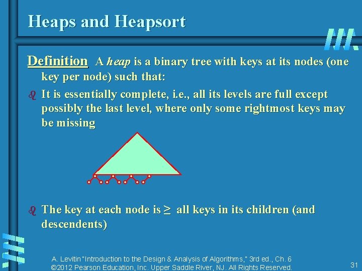 Heaps and Heapsort Definition A heap is a binary tree with keys at its Heaps and Heapsort Definition A heap is a binary tree with keys at its