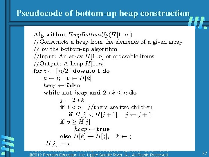 Pseudocode of bottom-up heap construction A. Levitin “Introduction to the Design & Analysis of Pseudocode of bottom-up heap construction A. Levitin “Introduction to the Design & Analysis of