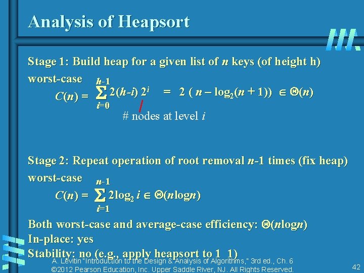 Analysis of Heapsort Stage 1: Build heap for a given list of n keys Analysis of Heapsort Stage 1: Build heap for a given list of n keys