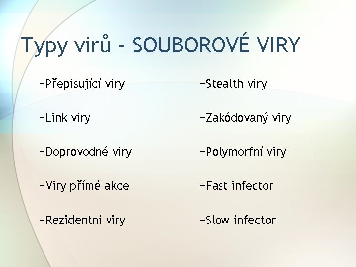 Typy virů - SOUBOROVÉ VIRY −Přepisující viry −Stealth viry −Link viry −Zakódovaný viry −Doprovodné