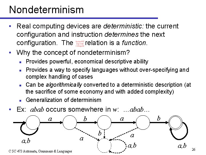 Nondeterminism • Real computing devices are deterministic: the current configuration and instruction determines the