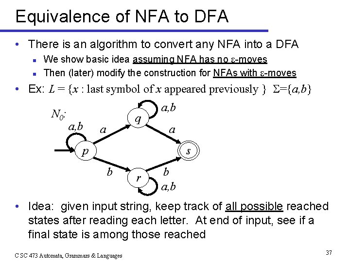Equivalence of NFA to DFA • There is an algorithm to convert any NFA