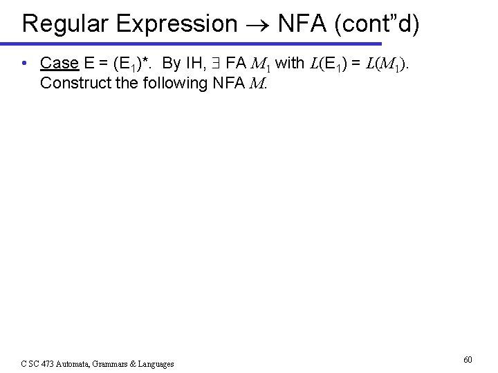Regular Expression NFA (cont”d) • Case E = (E 1)*. By IH, FA M