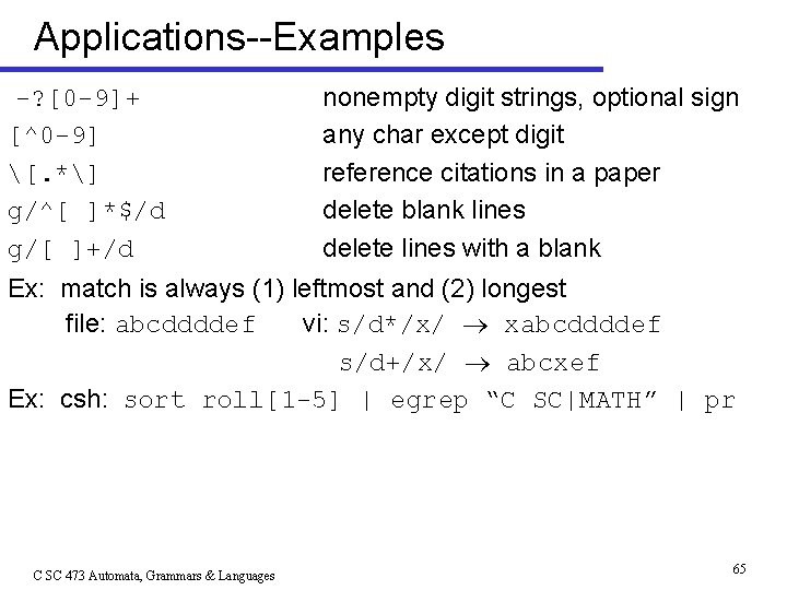 Applications--Examples -? [0 -9]+ [^0 -9] [. *] g/^[ ]*$/d g/[ ]+/d nonempty digit