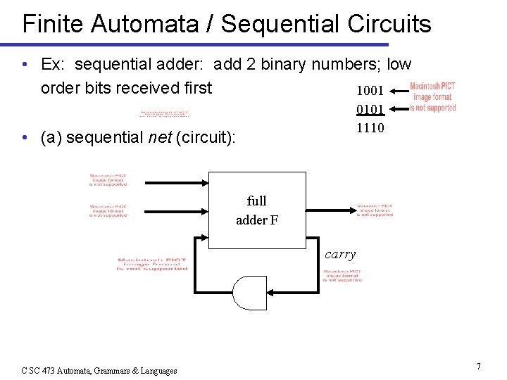 Finite Automata / Sequential Circuits • Ex: sequential adder: add 2 binary numbers; low