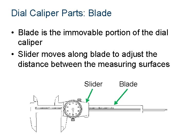 Dial Caliper Parts: Blade • Blade is the immovable portion of the dial caliper Dial Caliper Parts: Blade • Blade is the immovable portion of the dial caliper