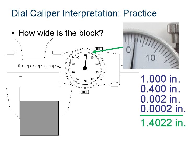 Dial Caliper Interpretation: Practice • How wide is the block? 1. 000 in. 0. Dial Caliper Interpretation: Practice • How wide is the block? 1. 000 in. 0.