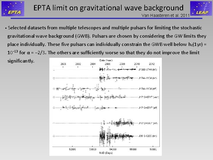 EPTA limit on gravitational wave background Van Haasteren et al. 2011 • Selected datasets