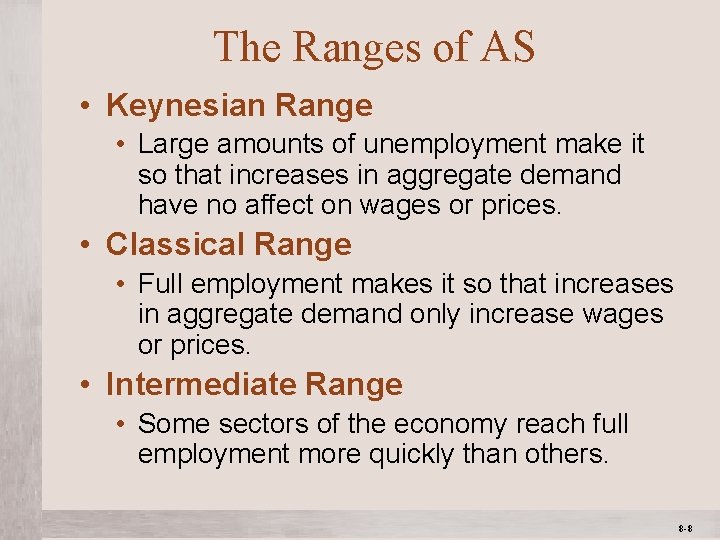 The Ranges of AS • Keynesian Range • Large amounts of unemployment make it