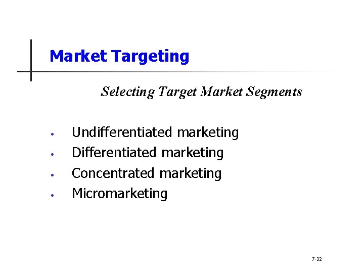 Market Targeting Selecting Target Market Segments • • Undifferentiated marketing Differentiated marketing Concentrated marketing