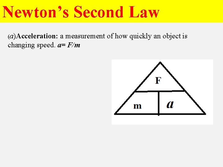 Newton’s Second Law (a)Acceleration: a measurement of how quickly an object is changing speed.