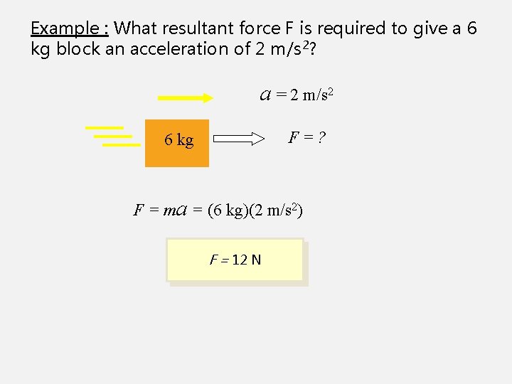 Example : What resultant force F is required to give a 6 kg block