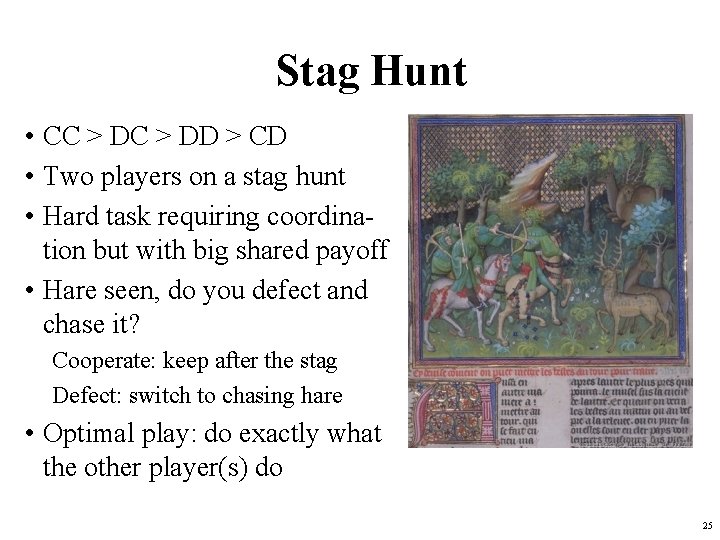 Stag Hunt • CC > DD > CD • Two players on a stag Stag Hunt • CC > DD > CD • Two players on a stag