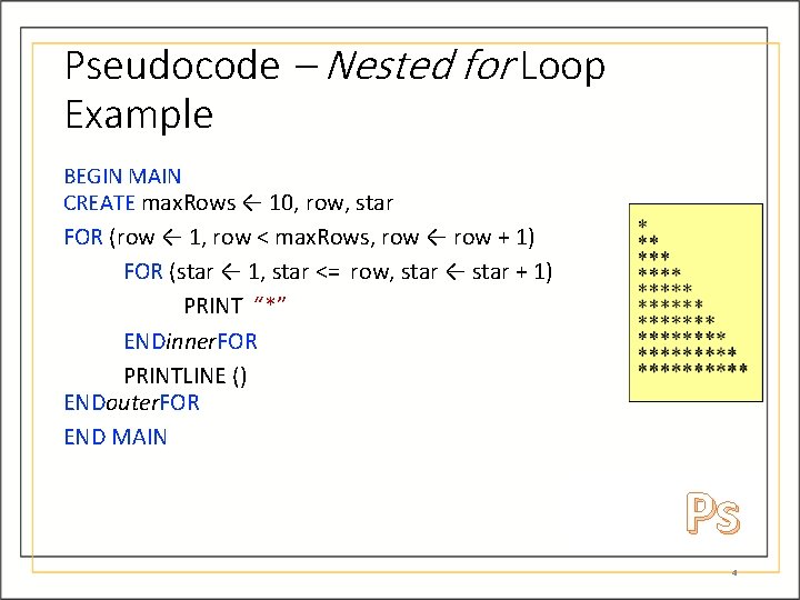 Pseudocode – Nested for Loop Example BEGIN MAIN CREATE max. Rows ← 10, row,