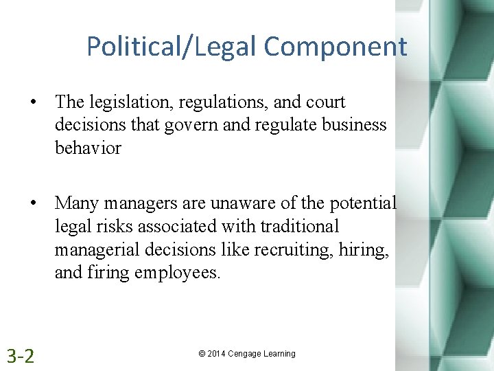 Political/Legal Component • The legislation, regulations, and court decisions that govern and regulate business