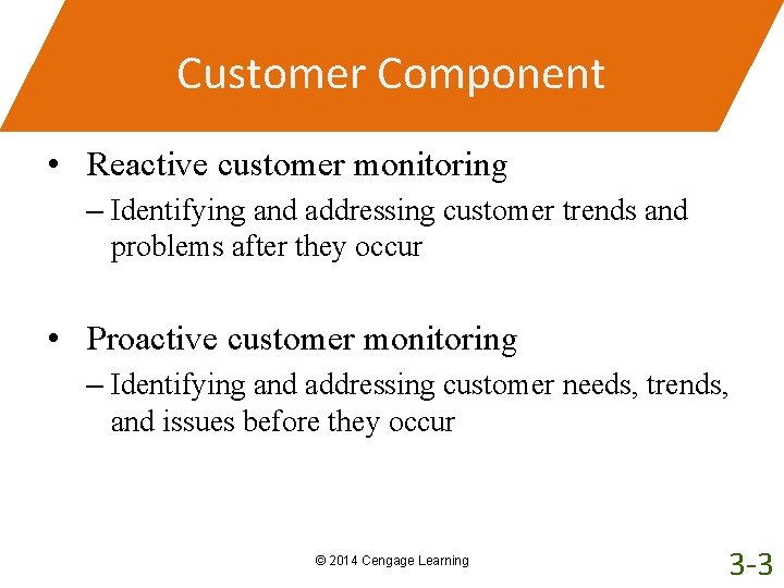 Customer Component • Reactive customer monitoring – Identifying and addressing customer trends and problems