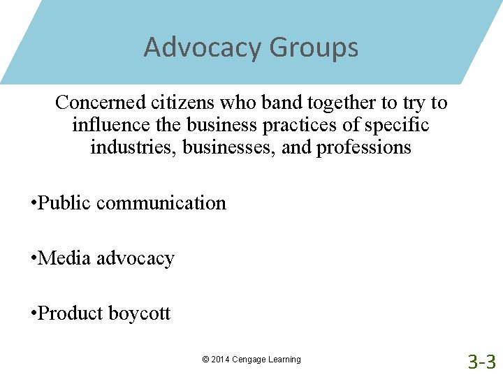 Advocacy Groups Concerned citizens who band together to try to influence the business practices