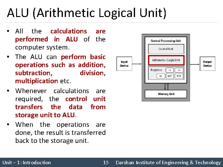 ALU (Arithmetic Logical Unit) • All the calculations are performed in ALU of the