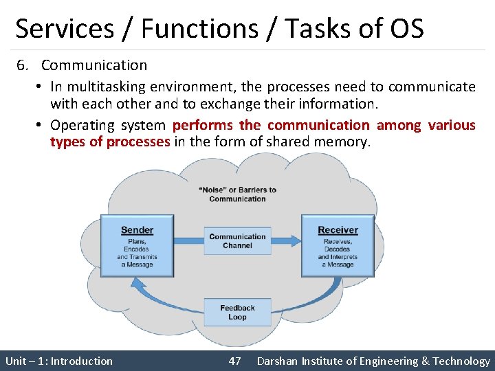 Services / Functions / Tasks of OS 6. Communication • In multitasking environment, the