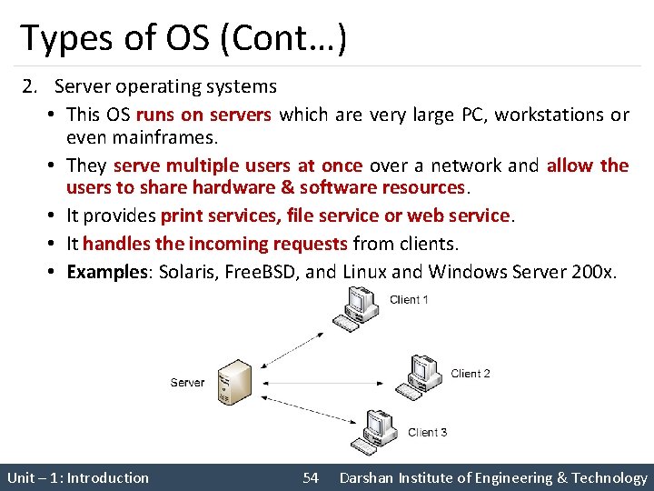 Types of OS (Cont…) 2. Server operating systems • This OS runs on servers