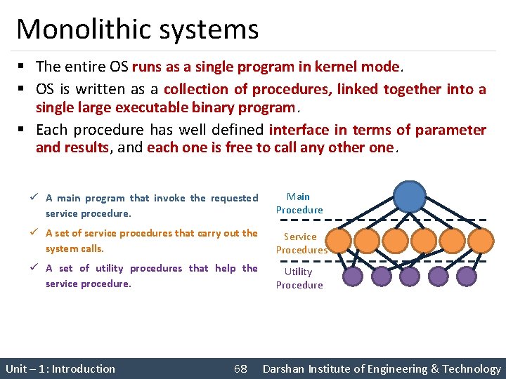 Monolithic systems § The entire OS runs as a single program in kernel mode.